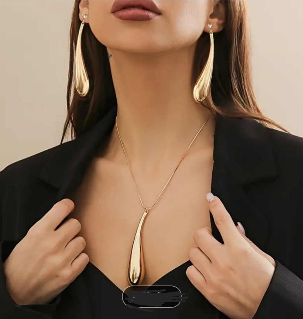 Gold teardrop necklace set earrings + Gift Box